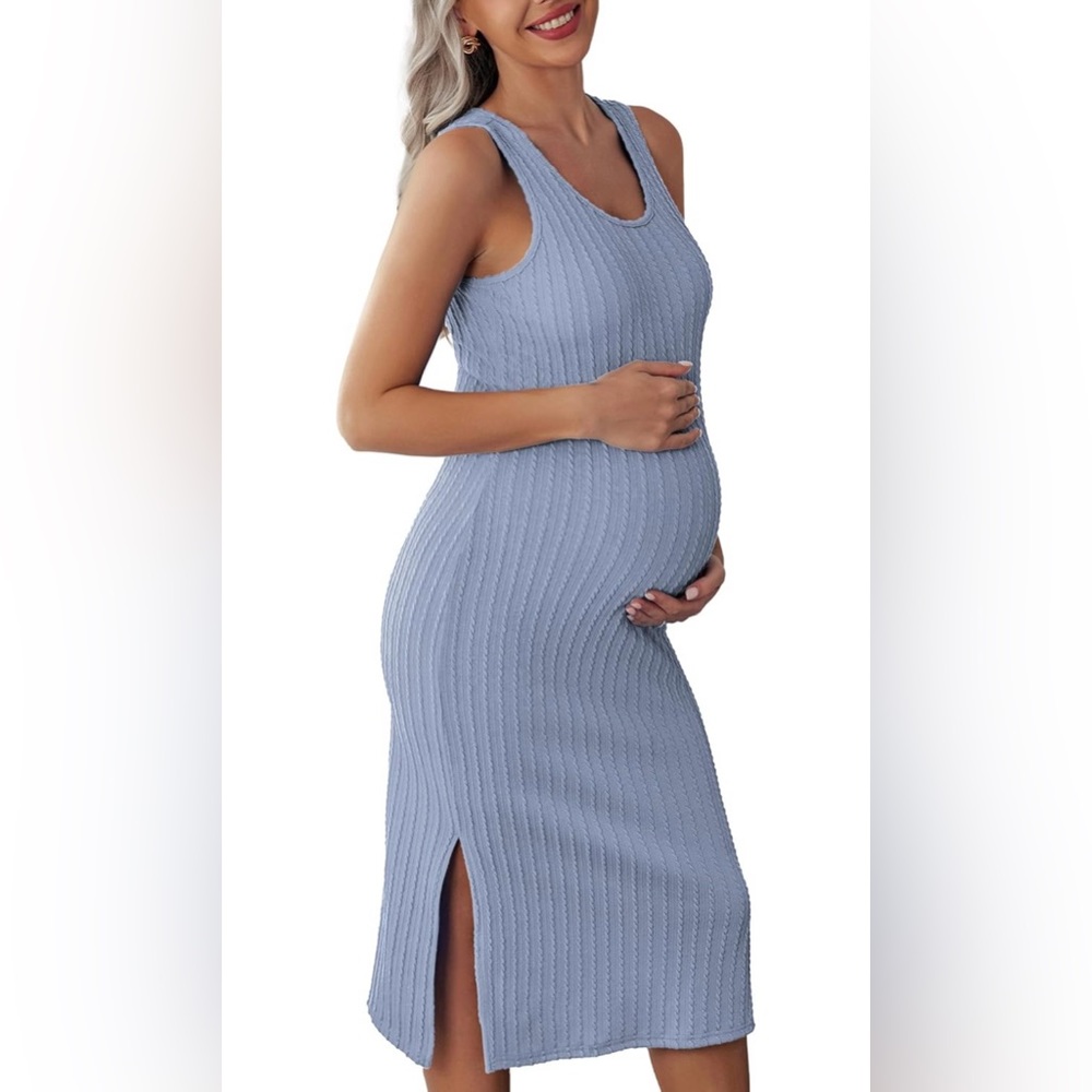 Ekouaer Rib Knit Maternity Dress Fitted Side Slit Light Blue Sz M